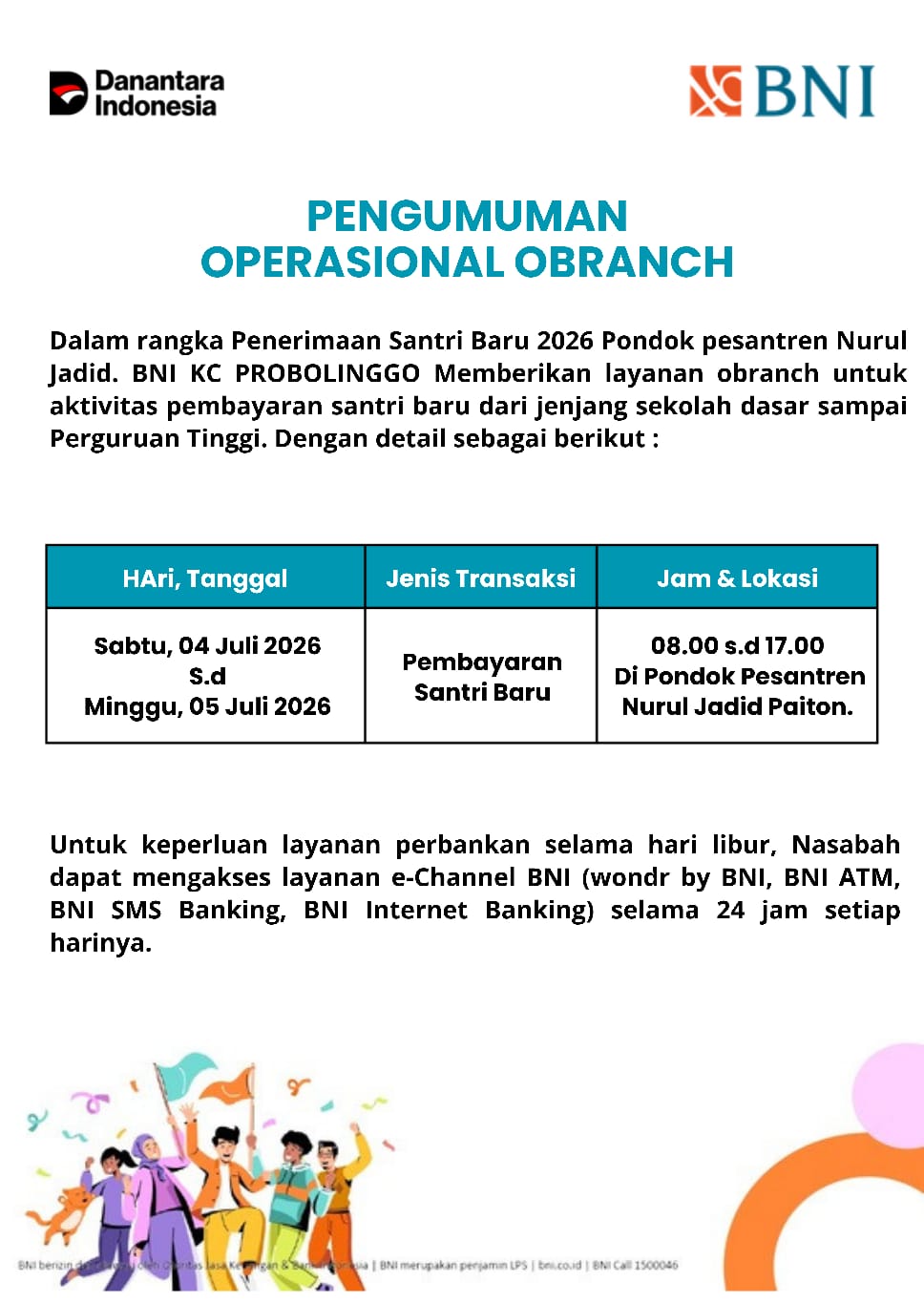 Pengumuman Operasional OBRANCH oleh BNI KC Probolinggo