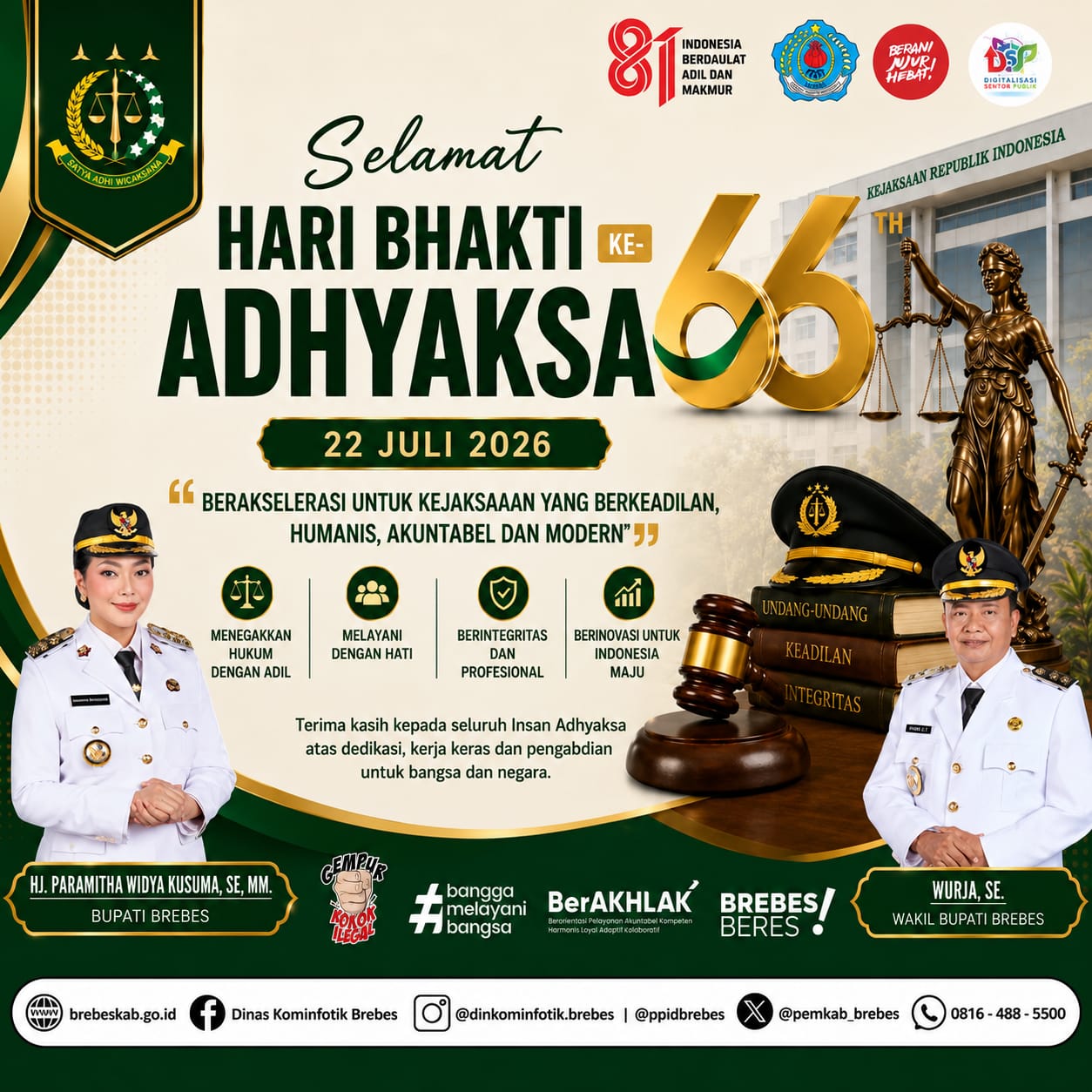 Ucapan Selamat Hari Bhakti Adhyaksa ke 66 oleh Bupati dan Wakil Bupati Brebes