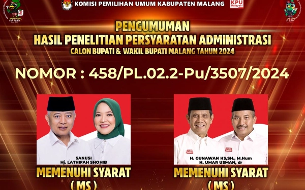 Thumbnail KPU Kabupaten Malang Umumkan Dua Paslon di Pilbup Malang Memenuhi Syarat
