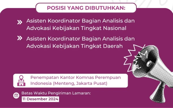Thumbnail Komnas Perempuan Mencari Asisten Koordinator Bagian Analisis dan Advokasi Kebijakan, Simak Kualifikasinya!