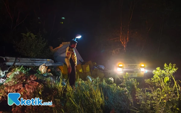 Thumbnail Terjun ke Jurang Lima Meter di JLS Pacitan, Sopir Kernet Truk Angkut Udang Alami Luka-luka