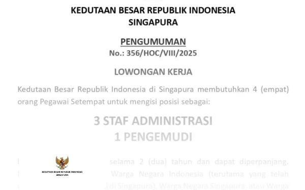 Thumbnail Berita - KBRI Singapura Buka Lowongan 4 Posisi, Klik Link di Bawah untuk Daftar