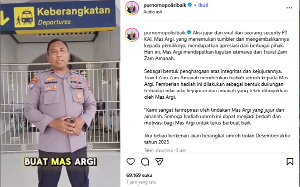 Thumbnail Berita - Pak Purnomo Polisi Baik Hadiahi Umroh Petugas KAI yang Kehilangan Pekerjaan Gara-gara Botol Tumbler