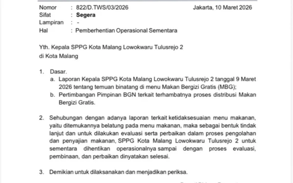Thumbnail Berita - Buntut Temuan Belatung Pada Menu MBG, Operasional SPPG Lowokwaru Tulusrejo 2 Resmi Disetop Sementara