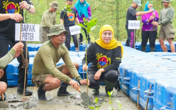 Jaga Ekosistem Pesisir, Gubernur Khofifah Bersama Komandan Pasmar 2 Gelar Bersih Pantai dan Tanam Mangrove di Surabaya