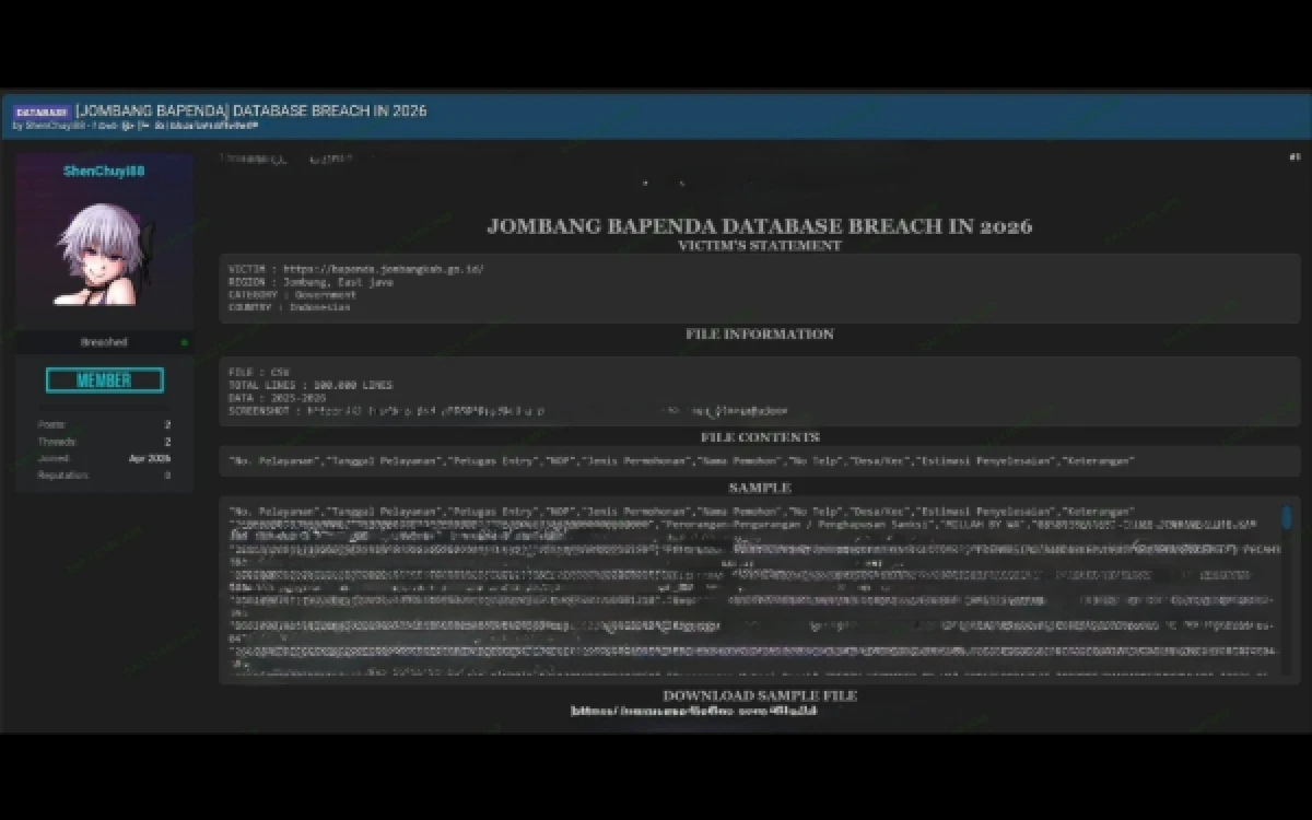 Thumbnail Berita - Data Bapenda Jombang Diduga Bocor, 100 Ribu Data Penting Warga Beredar di Dark Web