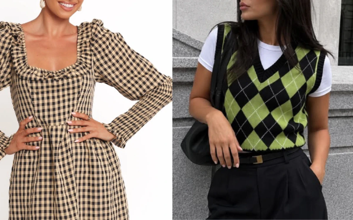 Foto Motif argyle dan gingham (dari kanan) dalam pakaian jenis rompi dan dress (Foto: pinterest)