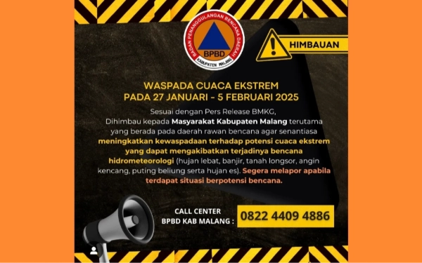 Thumbnail Waspada! Cuaca Ekstrem Landa Kabupaten Malang 27 Januari - 5 Februari 2025