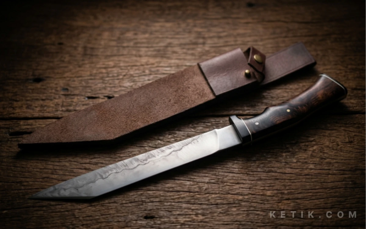 Foto Pisau sembelih dengan material baja karbon tinggi (high carbon steel) yang dipadukan dengan gagang kayu Sono Kembang koleksi Haryadi. Memilih pisau kurban bukan sekadar soal estetika, melainkan standar fungsionalitas untuk menjamin kecepatan eksekusi dan kualitas daging. (Foto: Fajar/ Ketik.com)