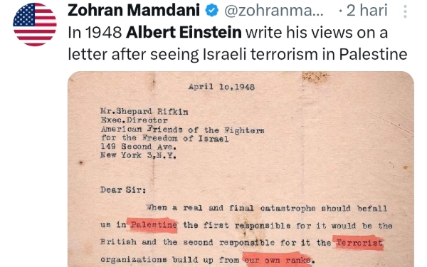 Thumbnail Berita - [CEK FAKTA] Zohran Mamdani Unggah Surat Einstein yang Muak Teroris Israel di Palestina, Ini Faktanya