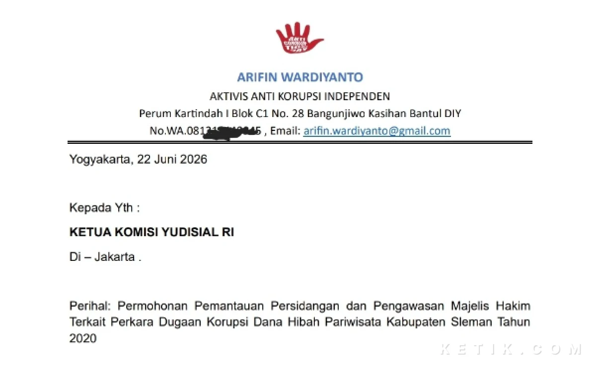Thumbnail Berita - Aktivis Minta Komisi Yudisial Pantau Sidang Dugaan Korupsi Dana Hibah Pariwisata Sleman dan Rombak Majelis Hakim