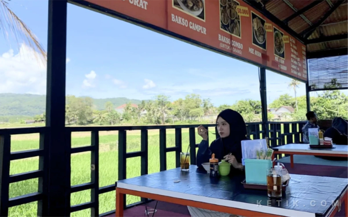 Foto Pengunjung menikmati sajian Bakso dan Mie Ayam Parigogo di kawasan Jalur Lintas Selatan (JLS) Pacitan dengan latar hamparan sawah hijau dan suasana terbuka yang sejuk, Selasa, 13 Mei 2026.
