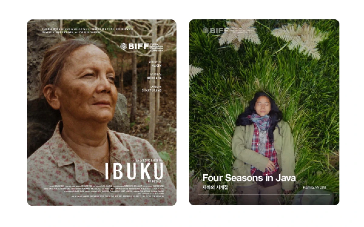 Foto Tangkapan layar poster film “Ibuku” dan “Empat Musim Pertiwi” di akun instagram resmi nya pada Jumat, 4 September 2026. (Tangkapan layar @tikabravani @busanfilmfest)