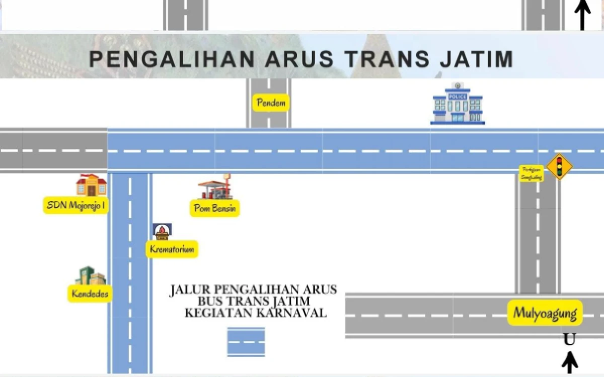 Foto Peta pengalihan arus Bus Trans Jatim selama pelaksanaan Karnaval Budaya Sumbersekar 2026 di Desa Sumbersekar, Kecamatan Dau, Kabupaten Malang, Sabtu 25 Juli 2026. (Foto: Panitia)
