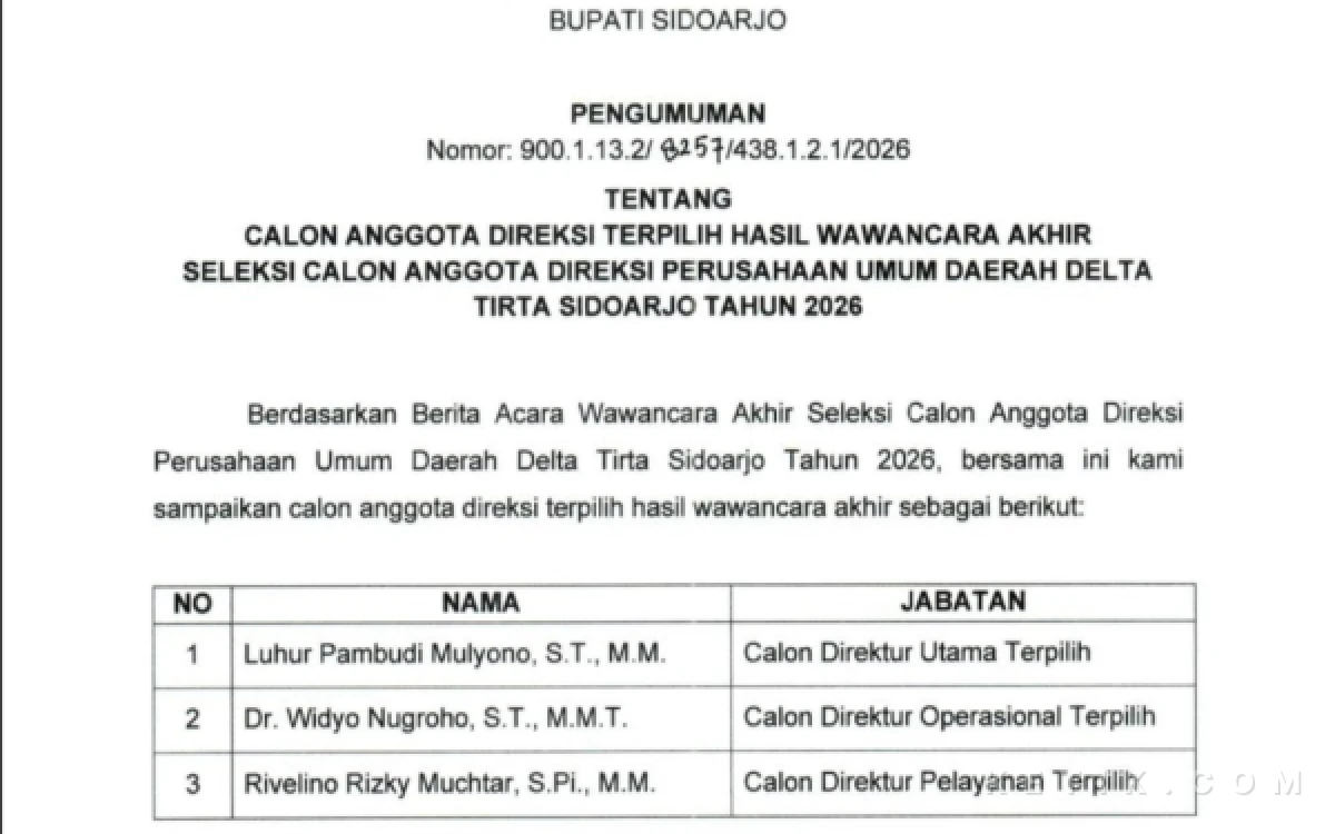 Thumbnail Berita - Nama Direksi Delta Tirta Sidoarjo Dikirim ke Kemdagri,  Mengapa Mereka Terpilih?