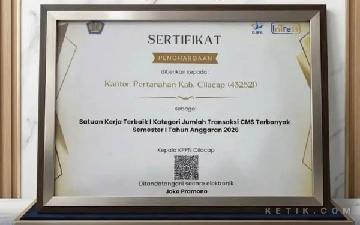 Foto Kantah ATR/BPN Cilacap raih Penghargaan Satuan Kerja Terbaik I Kategori Jumlah CSM Terbanyak Semester I TA 2026 dari KPPN Cilacap. (Foto: Nani Eko/Ketik.com)