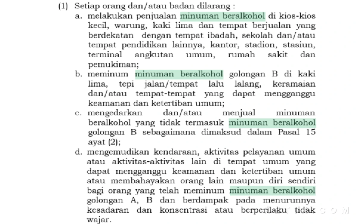 Foto Sebagian larangan terkait menjual, mengedarkan, dan mengonsumsi minuman keras dalam Pasal 17 Perda No. 10 Tahun 2013 tentang Ketertiban dan Ketenteraman Umum. (Foto: Fathur Roziq/Ketik.com)