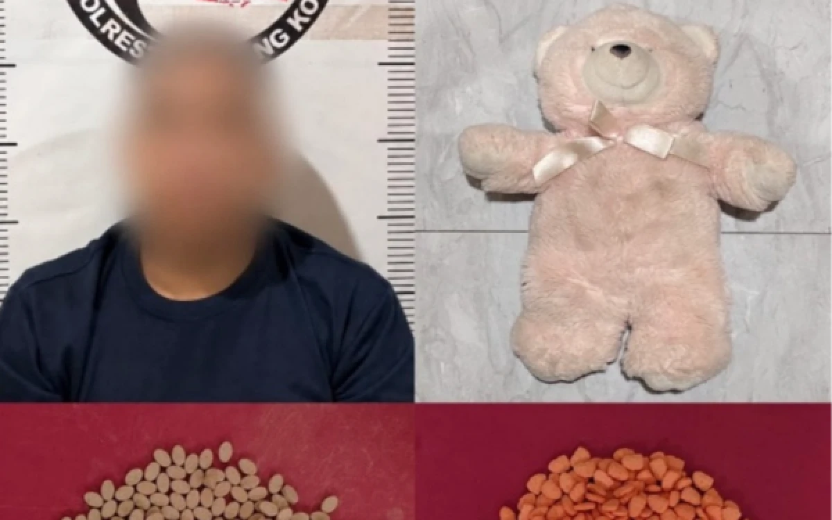 Foto Tersangka YA (38) berikut dengan barang bukti boneka beruang sebagai sarana untuk menyembunyikan narkoba jenis ekstasi (Foto : Humas Polresta Malang Kota)