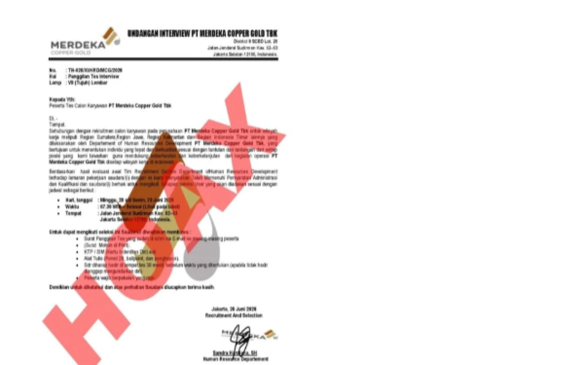 Thumbnail Berita - Waspada Penipuan Rekrutmen, PT Merdeka Copper Gold Minta Pelamar Verifikasi Informasi Lowongan