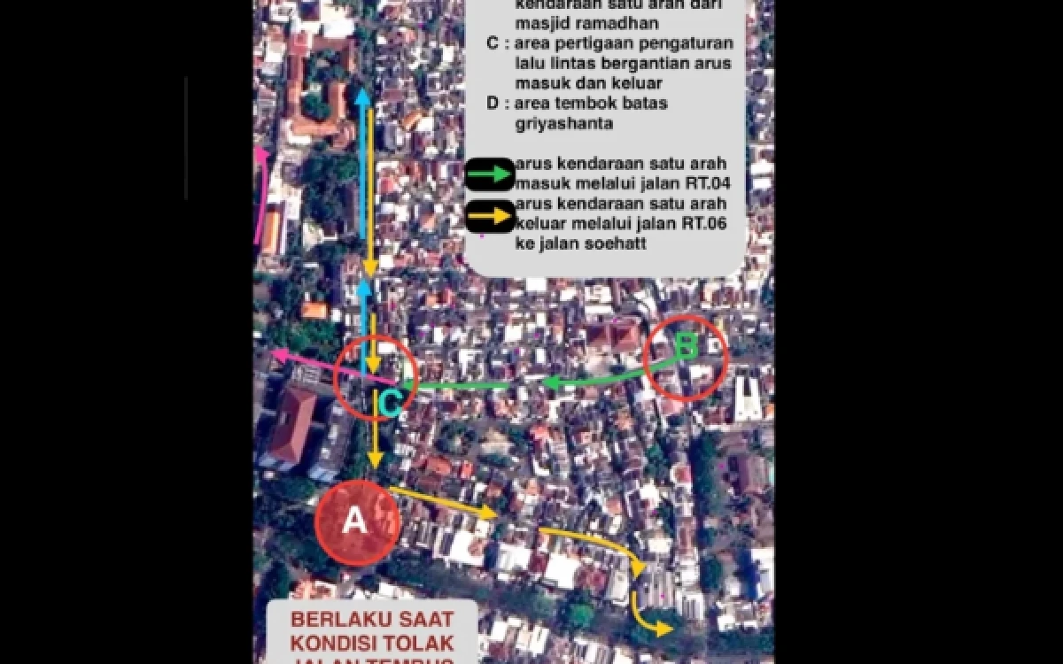 Foto Rekayasa lalu lintas satu arah di RW 12 Griyashanta diberlakukan pada jam sibuk antar dan jemput sekolah dalam kondisi darurat penolakan jalan tembus. Pengendara diimbau mengikuti jalur yang telah ditetapkan demi kelancaran dan keselamatan bersama. (Foto: Instagram @rw12_griyashanta_official)