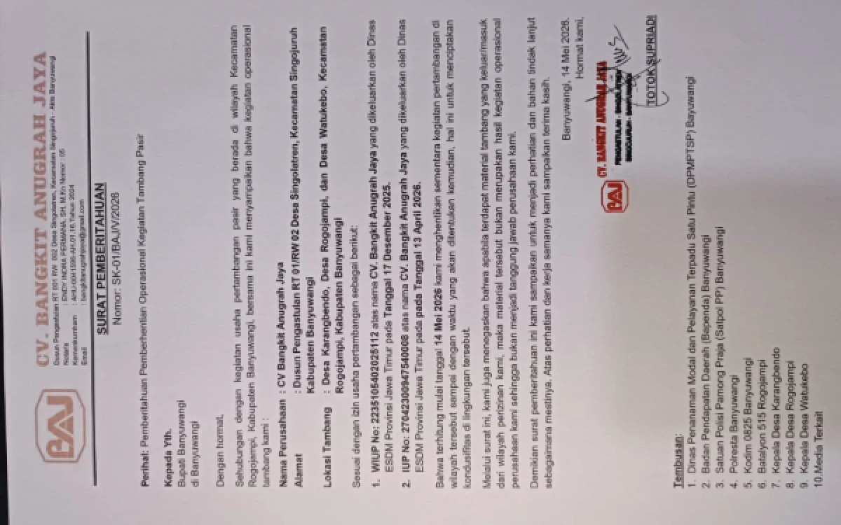 Foto Surat pemberitahuan tambang legal yang milih tutup