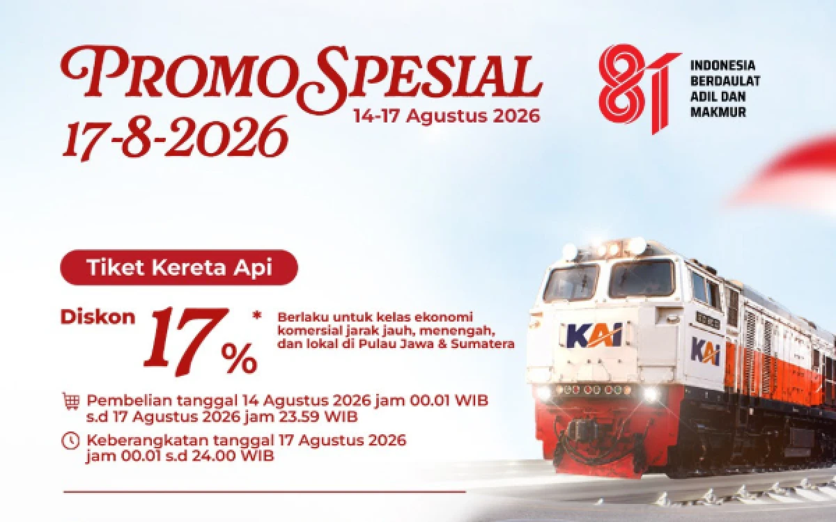 Thumbnail Berita - Spesial HUT Ke-81 RI, KAI Daop 7 Madiun Hadirkan Diskon Tiket 17 Persen untuk KA Ekonomi Komersial