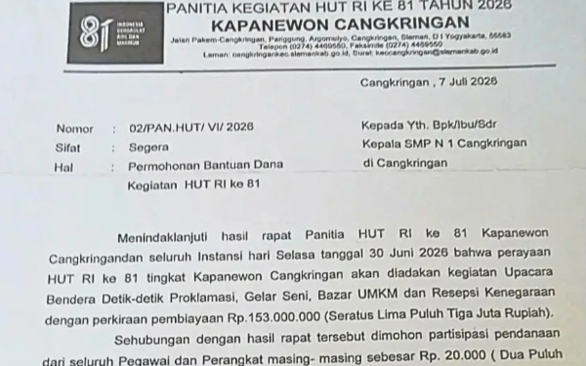 Thumbnail Berita - Viral Iuran HUT RI di Cangkringan Sleman Tuai Keluhan, Panewu: Surat Sudah Dicabut!
