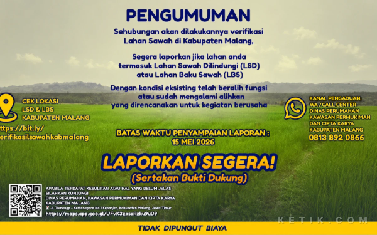 Thumbnail DPKPCK Kabupaten Malang Buka Verifikasi Lahan Sawah, Warga Diminta Segera Laporkan Perubahan Fungsi Lahan