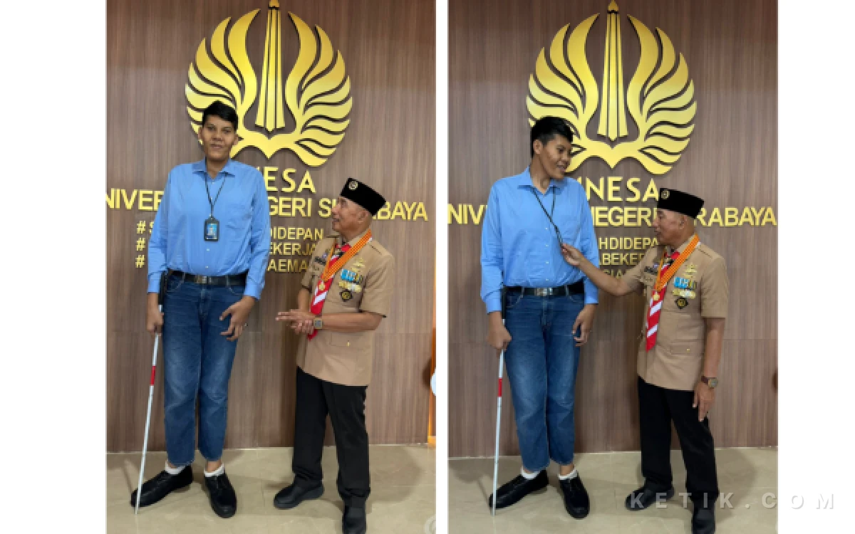Thumbnail Berita - Ketua Pramuka Jatim Arum Sabil Kagum Rektor Unesa Rekrut Manusia Tertinggi 215 cm Sebagai Karyawan