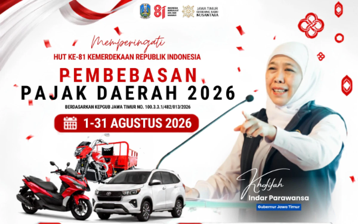 Thumbnail Berita - Kado HUT ke-81 RI dari Gubernur Khofifah! Bebaskan Pajak Daerah Selama Agustus 2026, Warga Jatim Jangan Sia-siakan