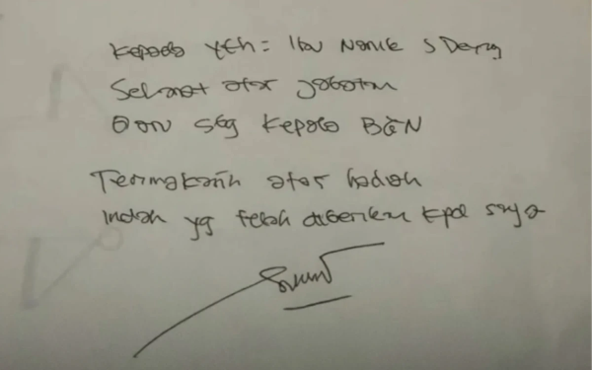 Foto Pesan yang ditulis Sony Sonjaya kepada Kepala BGN yang Baru Nanik S Deyang. (Foto: IG @sonysonjayabd)