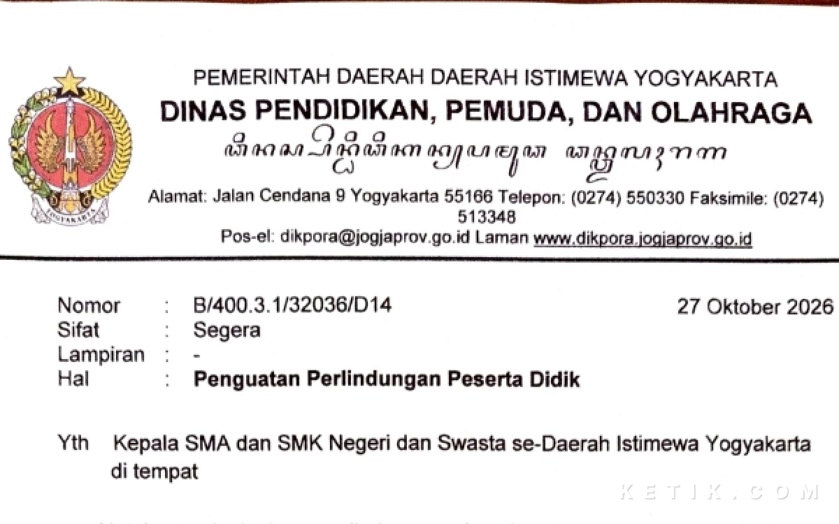 Thumbnail Berita - Dikpora DIY Terbitkan Surat Edaran, Sekolah dan Orang Tua Diminta Perkuat Pengawasan Siswa Selama TKA