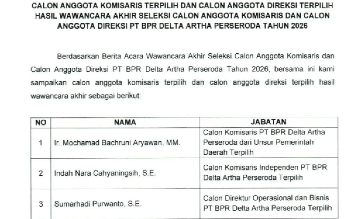 Thumbnail Berita - Pemkab Sidoarjo Percayakan Jabatan Komisaris BPR Delta Artha ke Bachruni Aryawan
