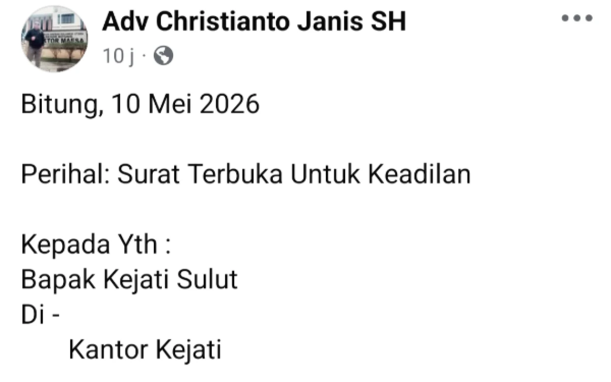 Foto Tangkapan layar akun FB resmi Christianto Janis SH (Foto: Maulana/ketik)