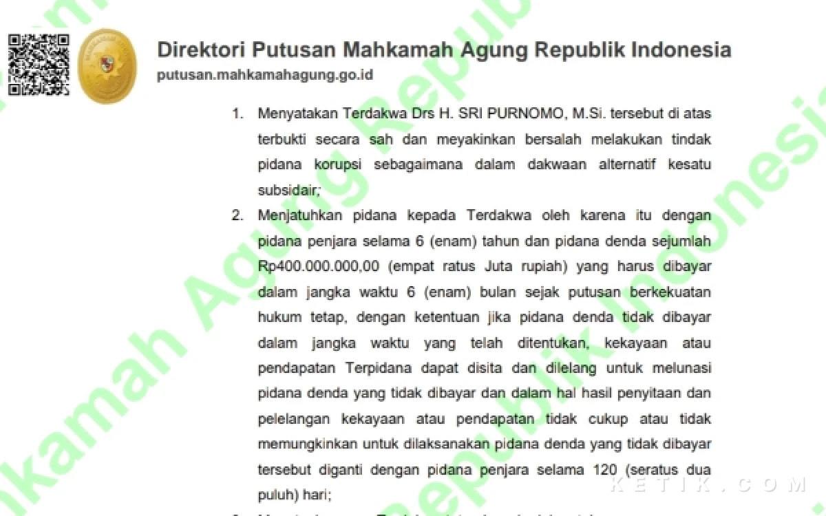 Foto Terdakwa Sri Purnomo, terbukti secara sah dan meyakinkan bersalah melakukan tindak pidana korupsi. (Foto: Fajar R/Ketik.com)