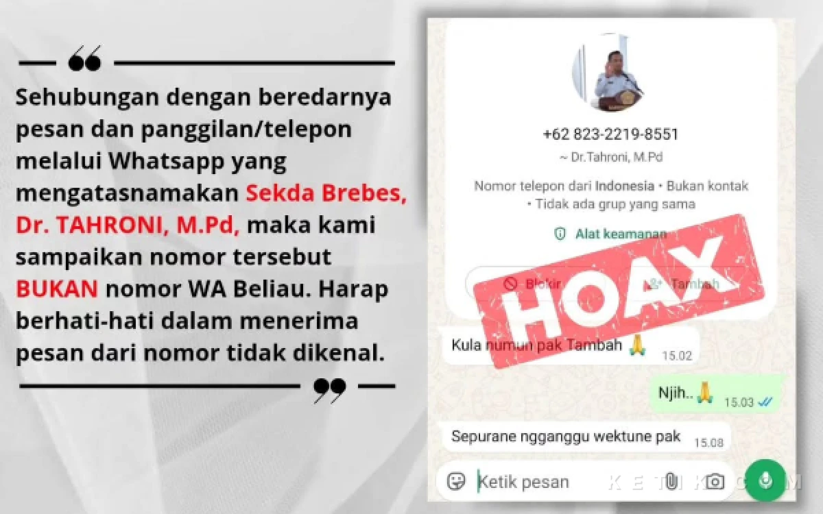 Thumbnail Berita - Nama Sekda Brebes Dicatut untuk Menipu, Pemkab: Awas! Jangan Percaya