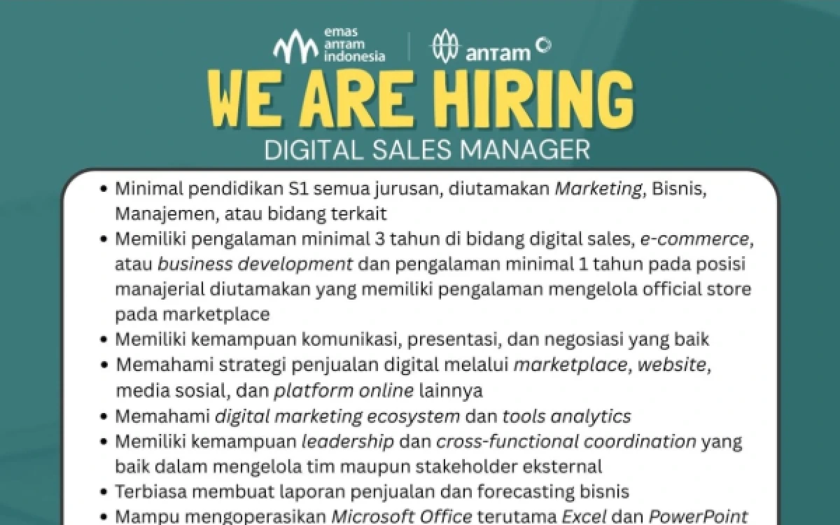 Thumbnail Berita - Antam Buka Lowongan Digital Sales Manager, Cek Persyaratan dan Cara Daftarnya!