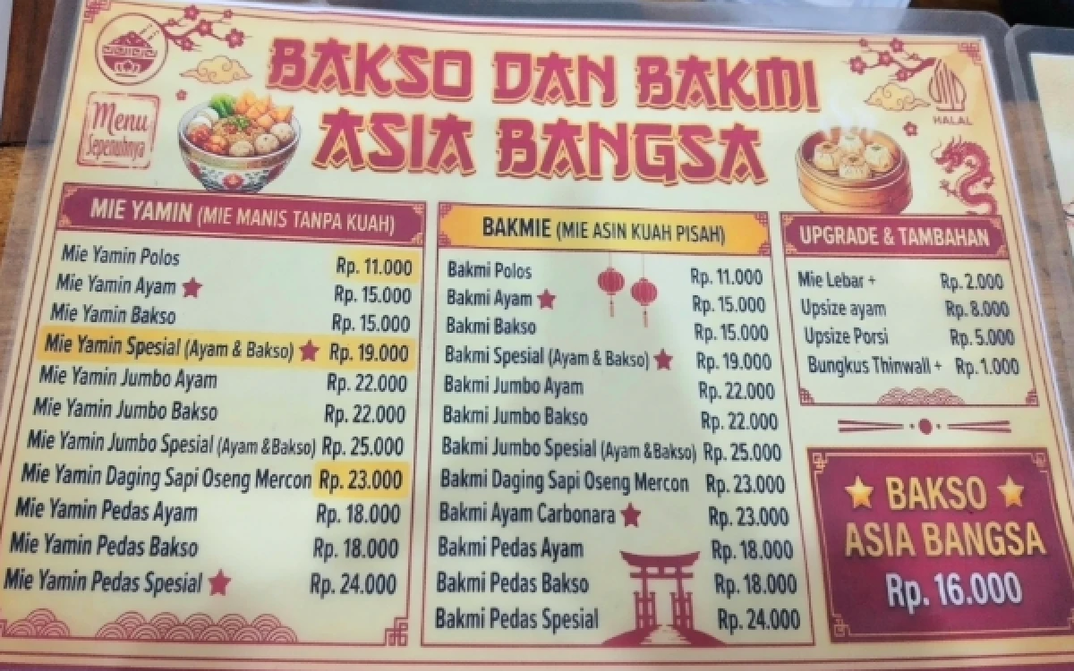 Foto Selembar menu Bakso dan Bakmi di tempat kasir untuk pelanggan memesan pada Senin, 17 Agustus 2026. (Diva Mayska Nada/ketik.com)