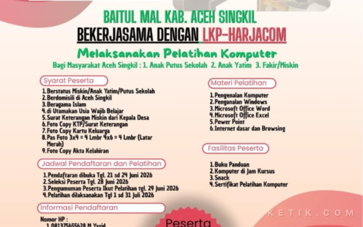 Thumbnail Berita - Bekali Anak Yatim dan Putus Sekolah, Baitul Mal Aceh Singkil Gelar Pelatihan Komputer Gratis