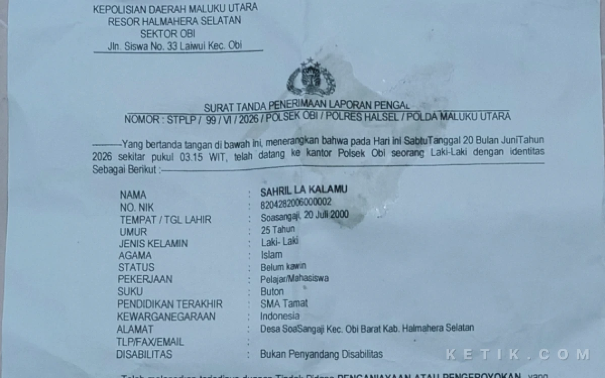 Foto Laporan Polisi Nomor: LP-B/40/VI/2026/SPKT/POLRES HALMAHERA SELATAN/POLDA MALUKU UTARA, tertanggal 20 Juni 2026.
( Foto Riman/ketik)