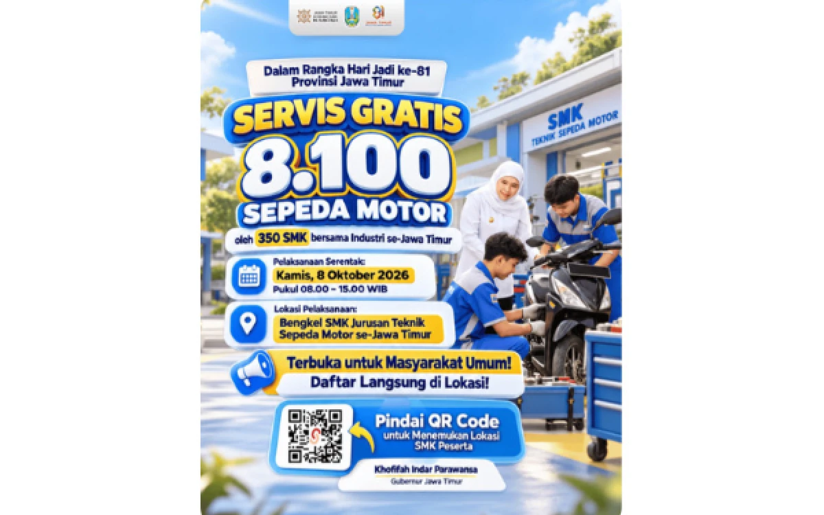 Thumbnail Berita - Spesial HUT ke-81 Jatim! Gubernur Khofifah Gratiskan Servis 8.100 Motor Serentak Hari Ini di 350 SMK, Cek Caranya