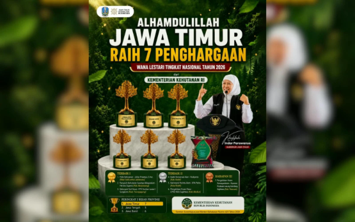 Thumbnail Berita - Tujuh Wakil Jatim Sabet Penghargaan Wana Lestari Nasional 2026, Khofifah Beri Pujian